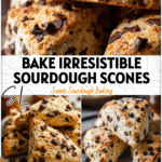 Golden sourdough chocolate chip scones on a rustic plate showing Yummy Sourdough Recipes style.